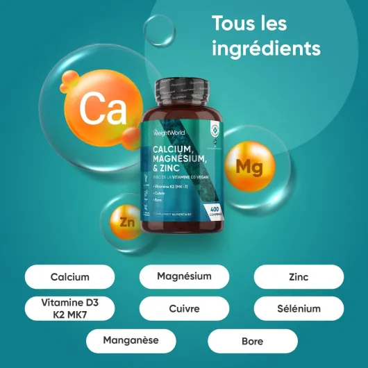Calcium Magnésium Zinc Vitamine D3 K2 MK7, 400 Comprimés Vegan (+ 1 An de Stock) Complexe Vitamine avec Cuivre, Sélénium, Manganèse & Bore, Multivitamines et Minéraux Adultes 8-en-1