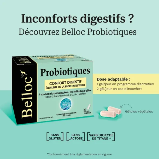 Probiotiques - Confort digestif – Equilibre de la Flore Intestinale - 4 Souches Microbiotiques - Dès 11 ans - 30 Gélules Végétales