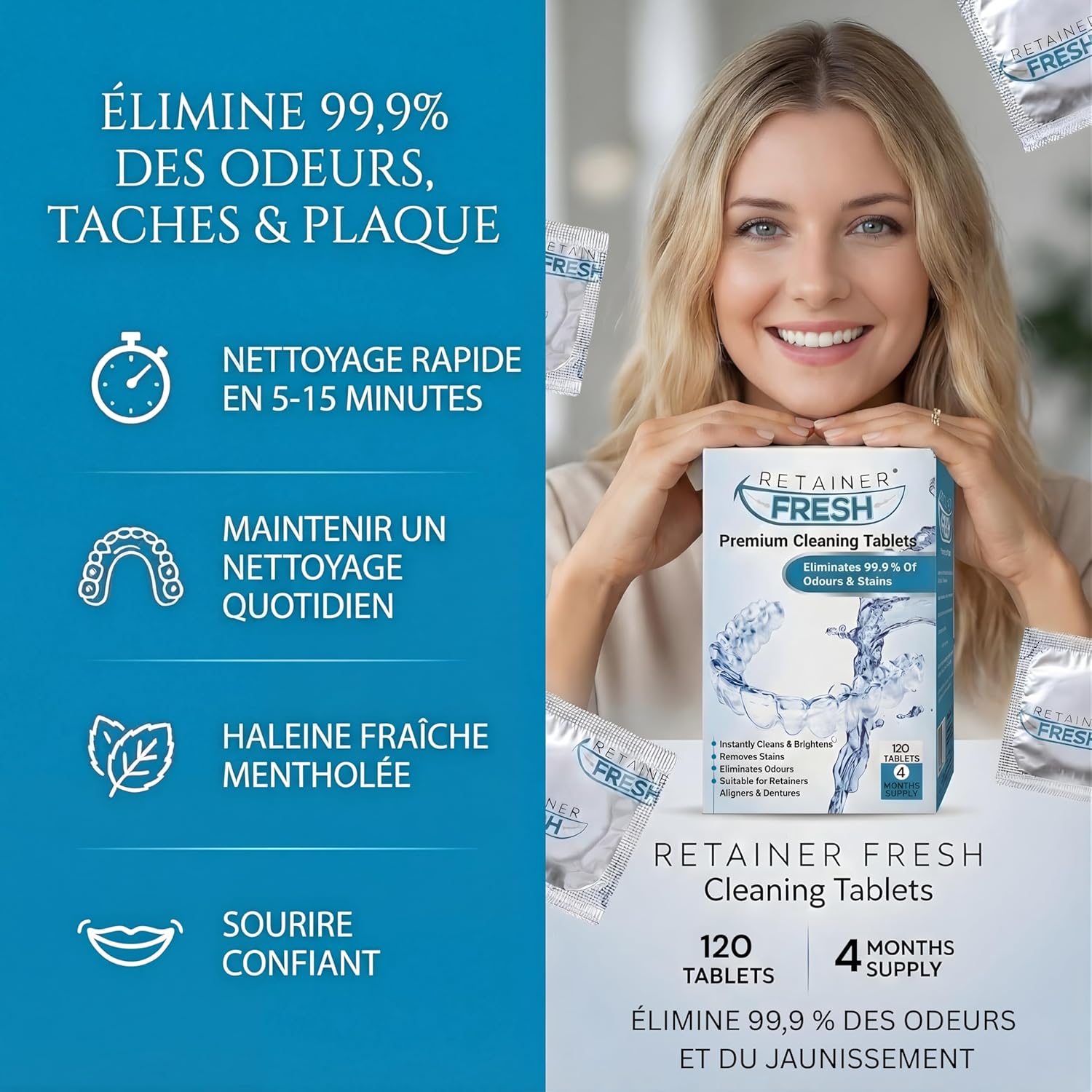 Tablettes de nettoyage Retainer - Tablette de nettoyage pour appareils orthodontiques et gouttières, prothèses dentaires & aligneurs - Brite et Stain Free 120 comprimés 4 mois 120 Unité (Lot de 1)
