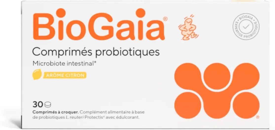 BioGaia Comprimés Probiotiques pour Adultes - Équilibre de la Flore Intestinale - Complément Alimentaire - Contient le L - reuteri Protectis - Arôme Citron – 30 Comprimés à Croquer