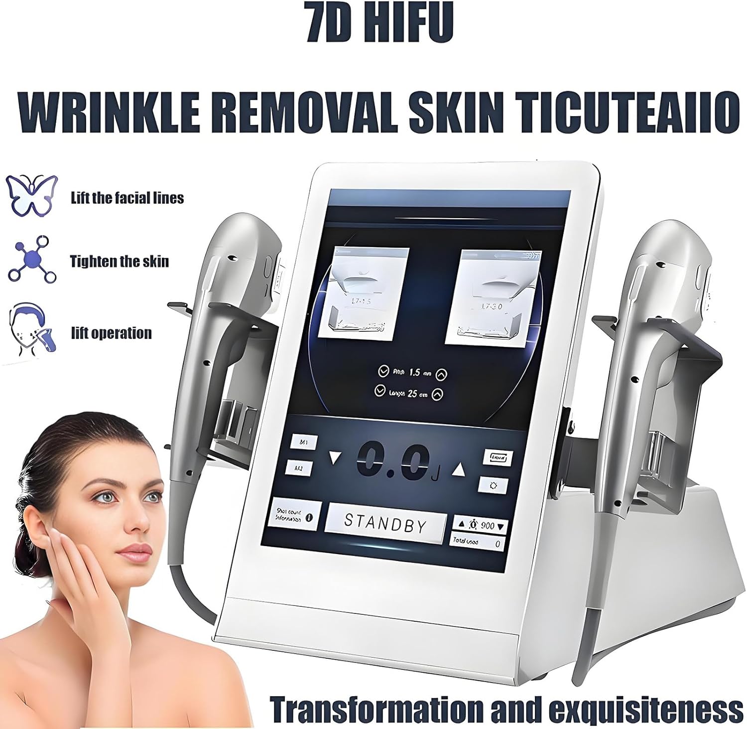 Appareil de rajeunissement cutané HIFU 7D avec 2 poignées, appareil de beauté liftant, anti-rides et amincissant corporel, appareil de lifting et de raffermissement de la couche SMAS, 7 cartouches