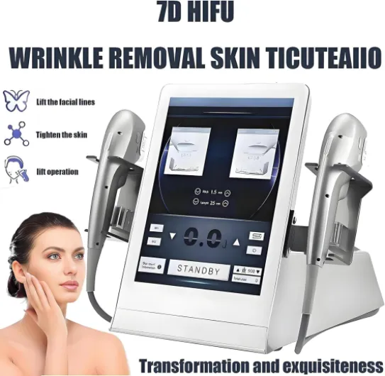 Appareil de rajeunissement cutané HIFU 7D avec 2 poignées, appareil de beauté liftant, anti-rides et amincissant corporel, appareil de lifting et de raffermissement de la couche SMAS, 7 cartouches