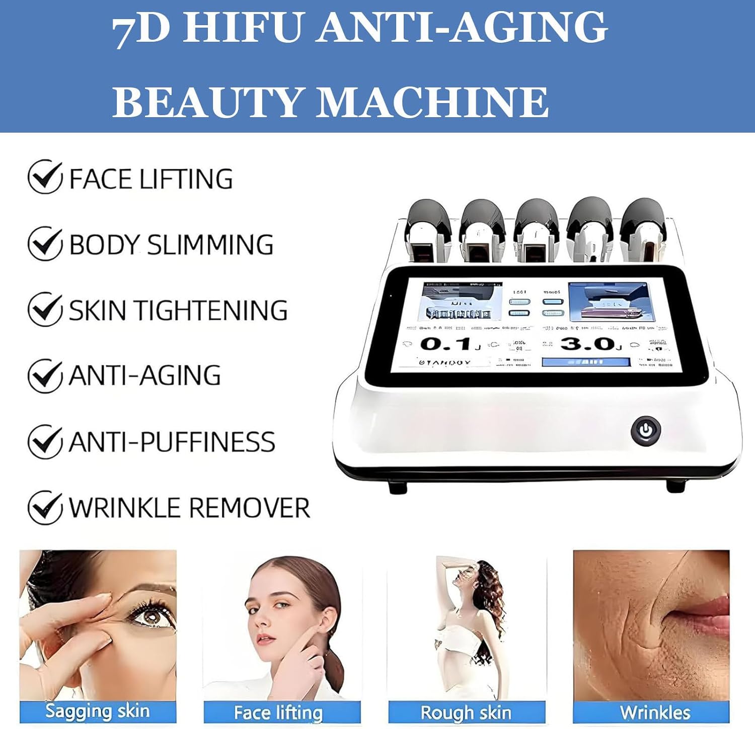 Appareil HIFU 7D pour Le Lifting du Visage et Le remodelage corporel : Appareil Professionnel, sûr et indolore pour Le Traitement Anti-Rides - 7 têtes