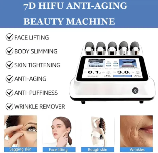 Appareil HIFU 7D pour Le Lifting du Visage et Le remodelage corporel : Appareil Professionnel, sûr et indolore pour Le Traitement Anti-Rides - 7 têtes