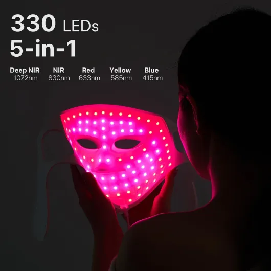 Masque de luminothérapie à LED pour le visage, appareil de soins de la peau anti-âge à usage domestique, 330 LED, couleurs LED 5 en 1 avec NIR profond 1072 nm, NIR 830 nm, lumière rouge, jaune et