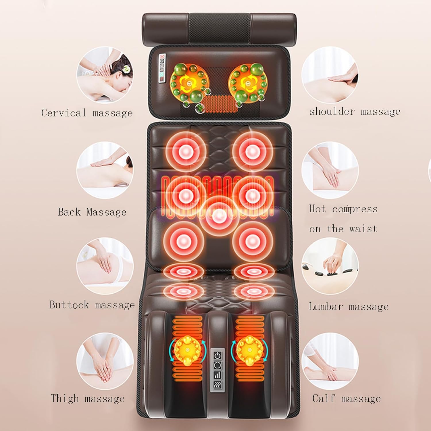 Matelas de Massage Complet du Corps avec 20 Têtes De Massage du Cou, Tapis De Massage, 9 Modes Et 9 Forces Réglables pour Le Cou Et Le Dos, Relaxation des Muscles du Mollet Lombaire (Marron)