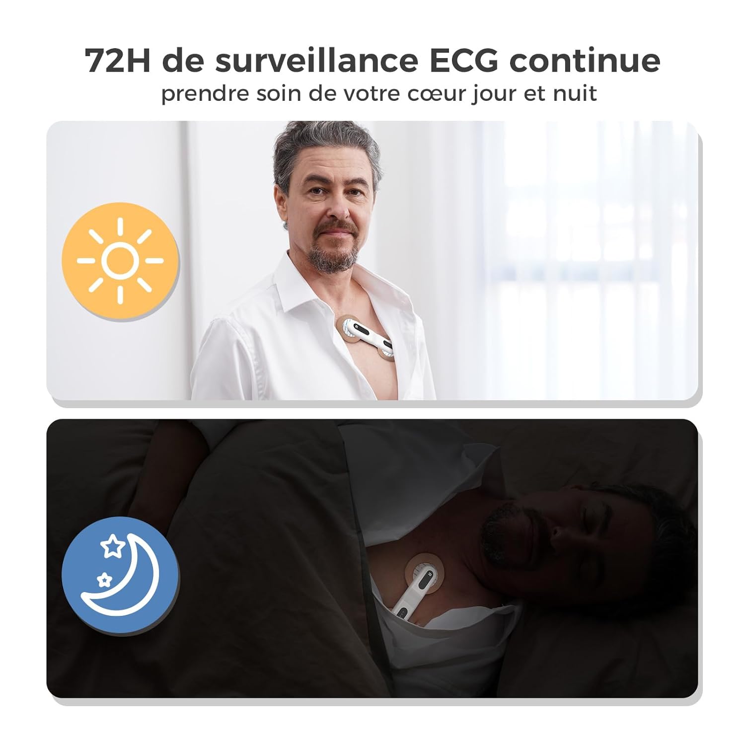 ER1-LW Moniteur ECG Portable 72 Heures avec Analyse ECG AI, Fonction Marqueur D'événement ECG, App & PC-software, Compatible avec Les électrodes Générales