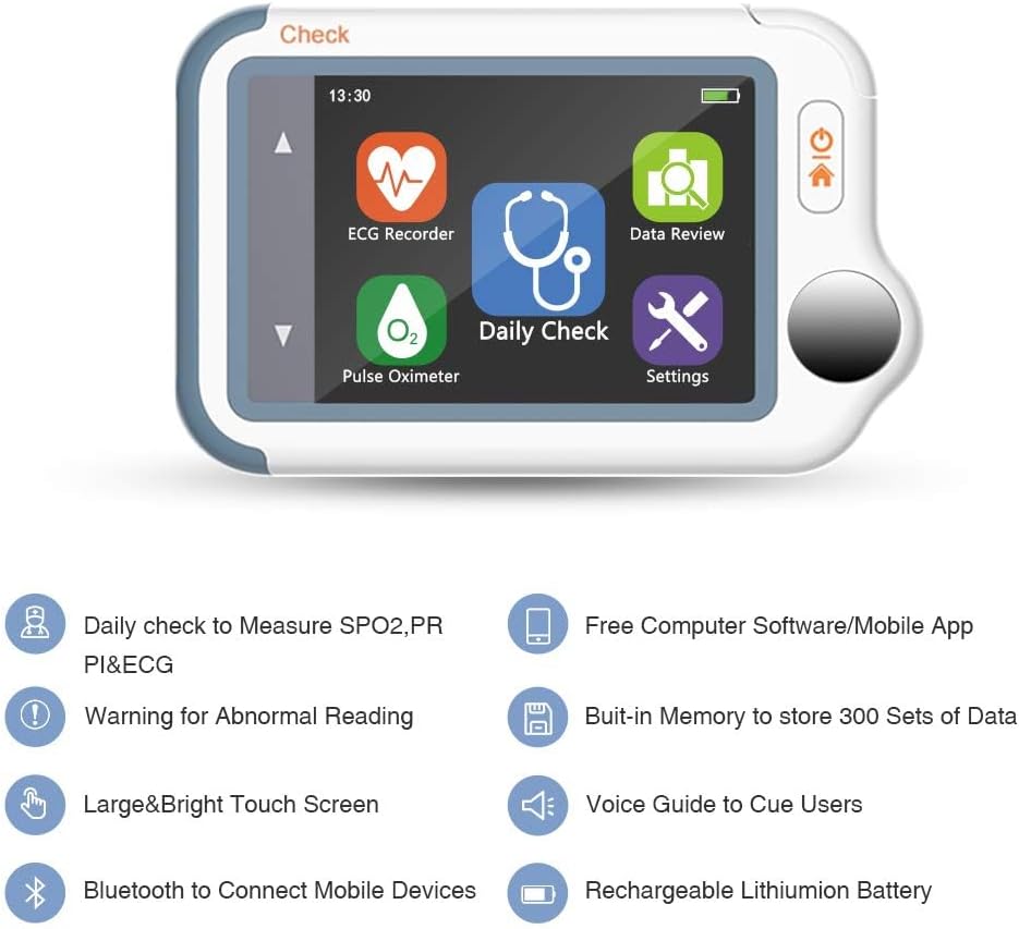 Checkme Lite Plus - Moniteur ECG et oxymètre - Mesure ECG/SpO2 en 20s - Bluetooth pour Adultes/Enfants - Capteur Portable + appli (iOS/Android)