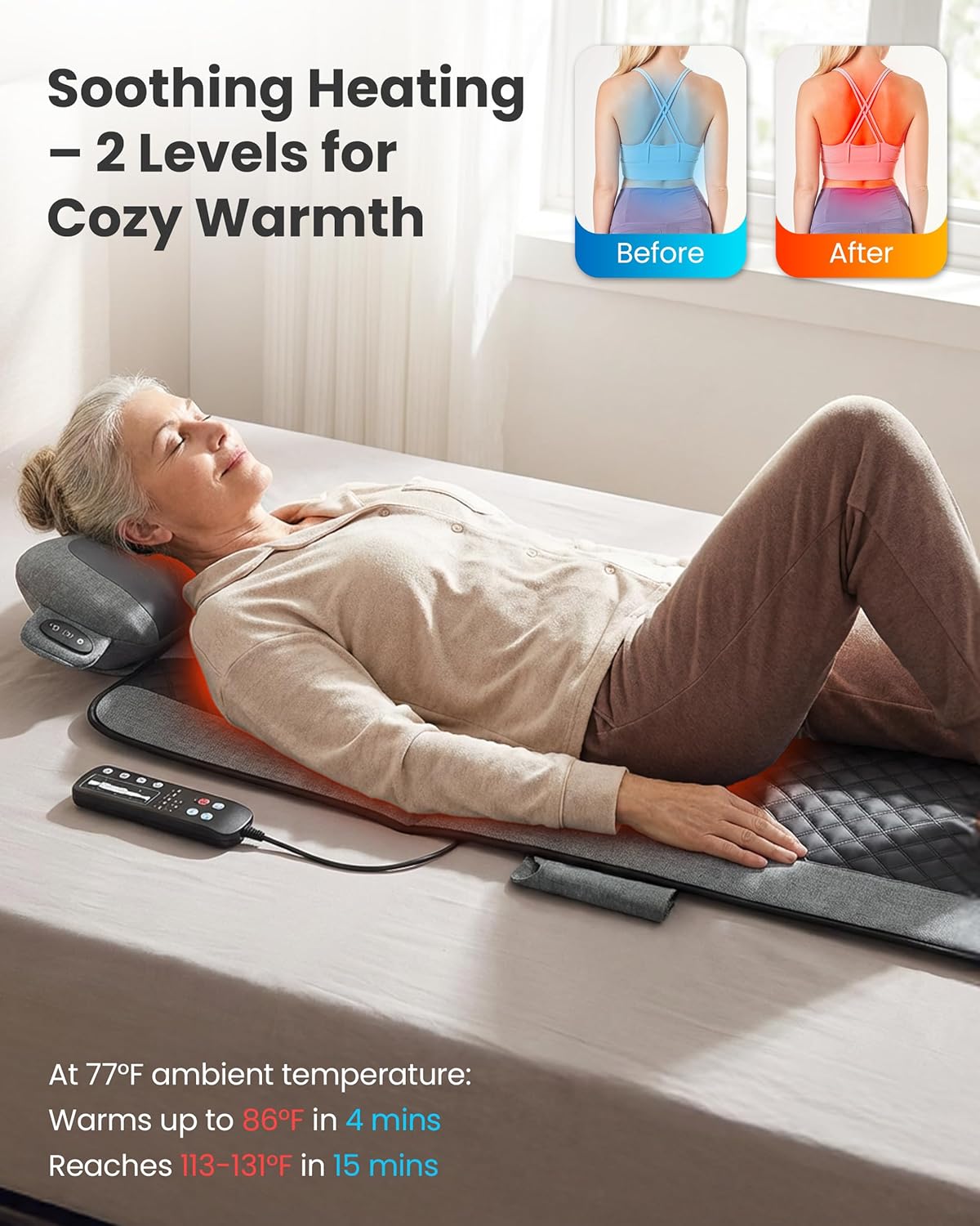 Tapis de massage chauffant, surmatelas de massage à 10 moteurs avec appareil de massage Shiatsu pour la nuque, pour le dos, les jambes et la nuque, 160 x 56 cm, cadeau pour maman et papa 160x56x11.5cm