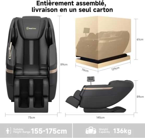 Real Relax Fauteuil de Massage Complet - Fauteuil de Massage Shiatsu zéro gravité - Chauffage de la Taille et des Mollets - Massage des Pieds - Bluetooth - Grand écran de contrôle (BS02 Noir) Noir Onyx