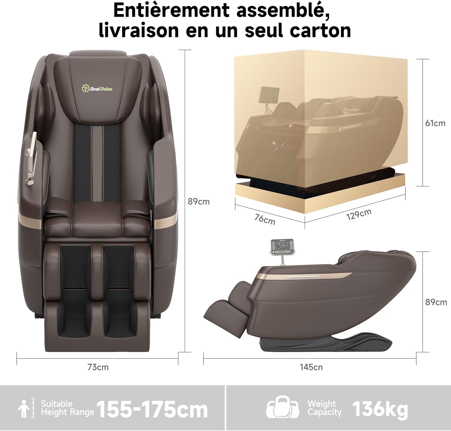 Real Relax Chaise de Massage Shiatsu Zero Gravity pour Tout Le Corps, Chaise Longue, Chauffage de la Taille et des Mollets, Massage des Pieds, Bluetooth, Grand écran de contrôle (BS02 Marron) Marron Ébène