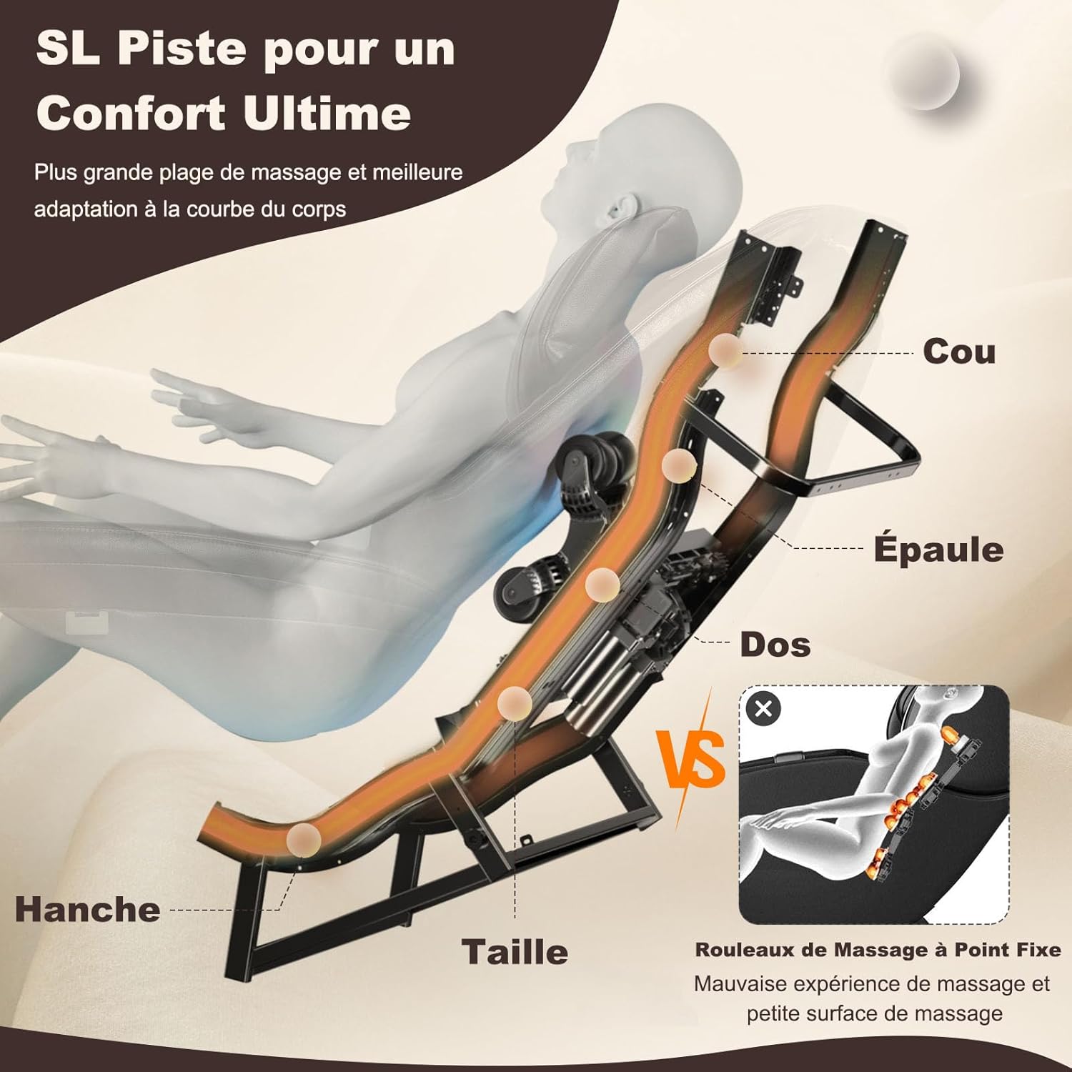 Fauteuil Massant Chauffant Électrique - Fauteuil de Massage Zéro Gravité - Coussin - Rail SL - Inclinable à 180° - 8 Modes - 3 Intensités - Repose-Pieds Réversible - Roulettes (Marron)