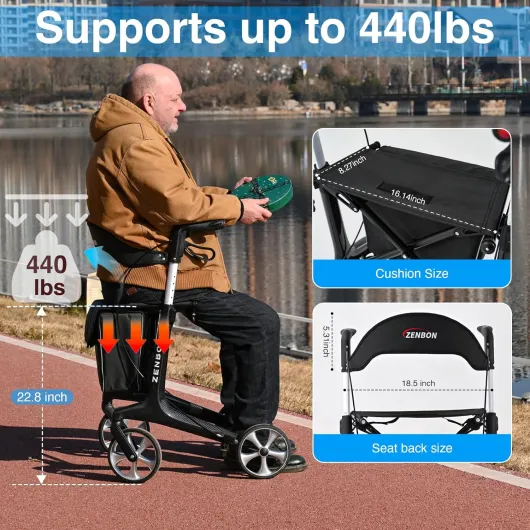 Deambulateur ultra léger Carbone 5,5 kg: Deambulateur 4 roues Pliable Leger - Rollator Déambulateur Étroit avec Freins Panier 20cm Roues Intérieur Extérieur(Noir)