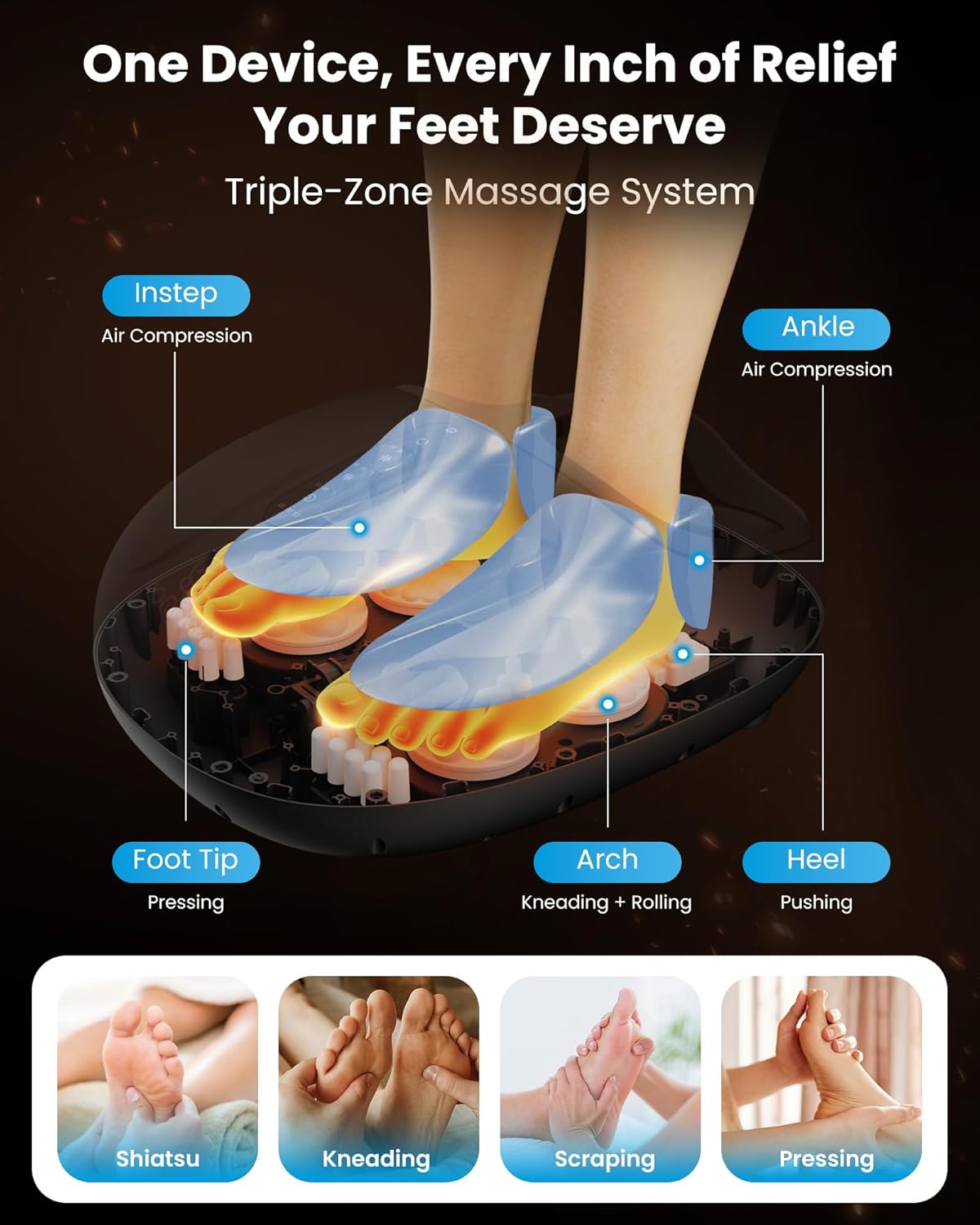 Masseur de pieds Shiatsu avec chaleur, appareil de massage des pieds pour neuropathie plantaire, fasciite plantaire, massage des pieds profonds, cadeau pour papa et maman Noir - avec Télécommande