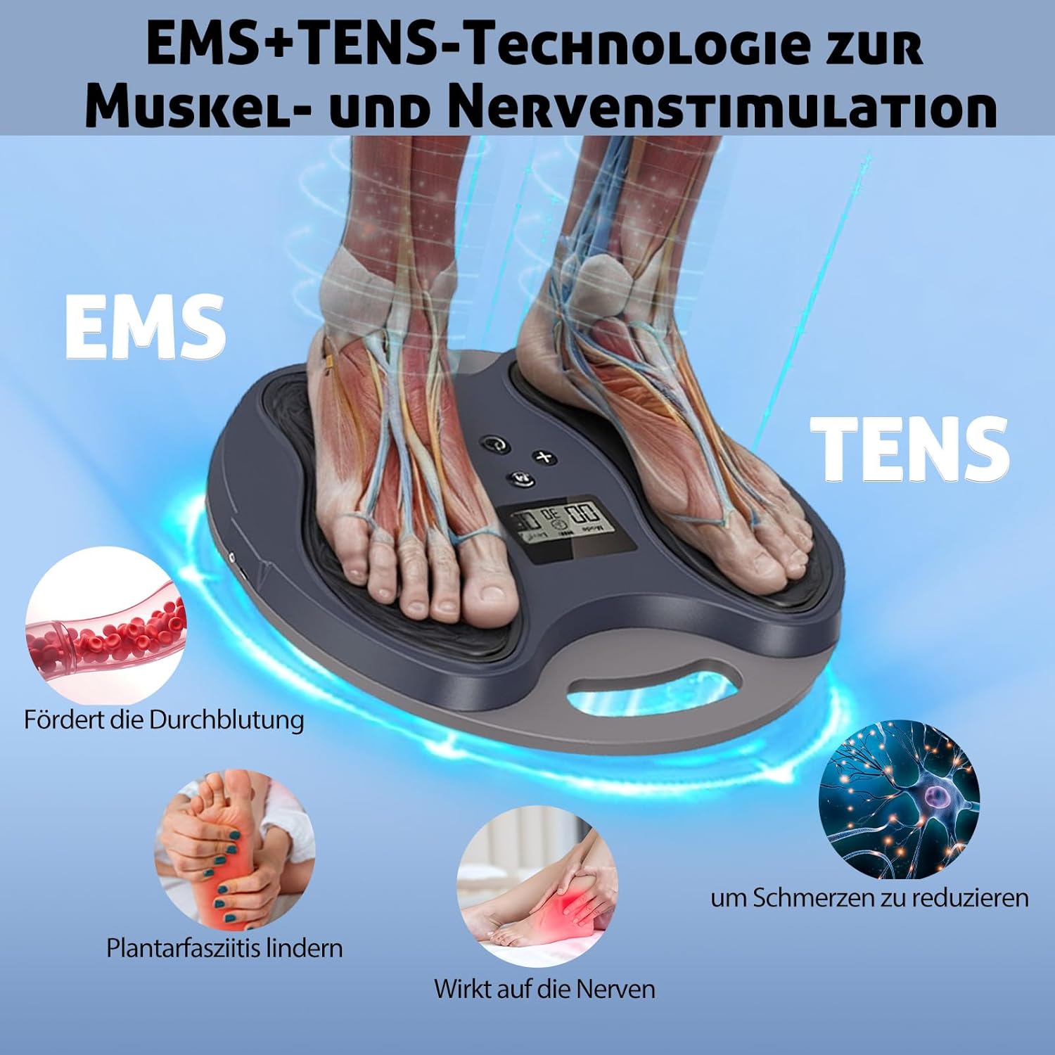 Stimulateur de Circulation Jambes & Pieds – Masseur Électrique des Pieds EMS + TENS, Soulagement Fasciite Plantaire, Neuropathie, Douleurs Plantaires, Fatigue Musculaire, avec 4 Électrodes Sombre