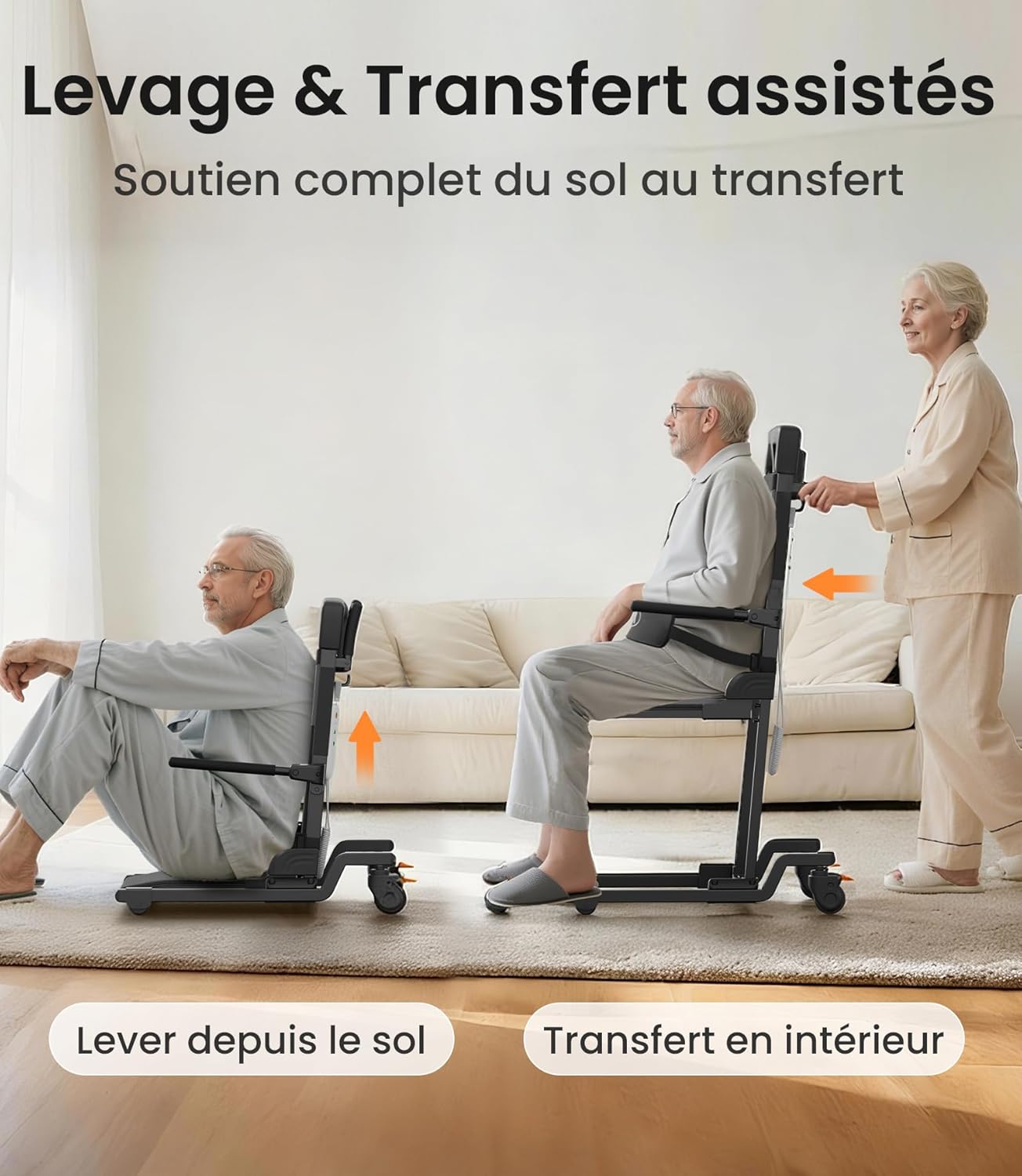 Fauteuil Releveur Électrique AX35, Aide au Lever et Fonction de Transfert, Mobile et Déplaçable Assis pour Transferts Intérieurs, Jusqu’à 160kg, avec 4 roulettes et Freins, Compact