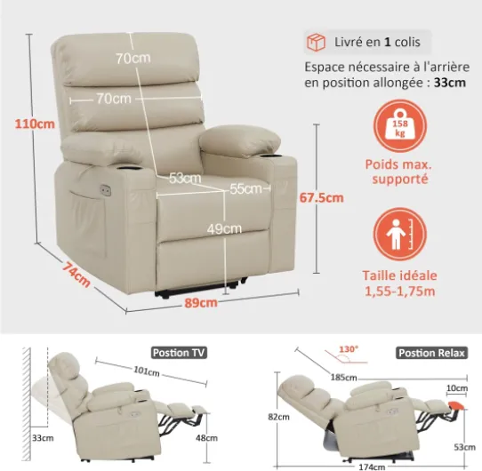 MCombo Fauteuil Releveur électrique, pour Personnes âgées, Fauteuil Relax avec Massage et Chaleur, avec Appui-tête, Repose-Pieds Allongé, Ports USB, en Similicuir, LC001 (Beige)