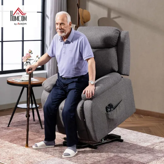 Fauteuil releveur électrique avec Fonction Massage et Chauffage, Fauteuil Relax électrique avec Dossier inclinable, Ports USB, télécommandes, Repose-Pied et Poche latérale, Tissu en Lin, Gris