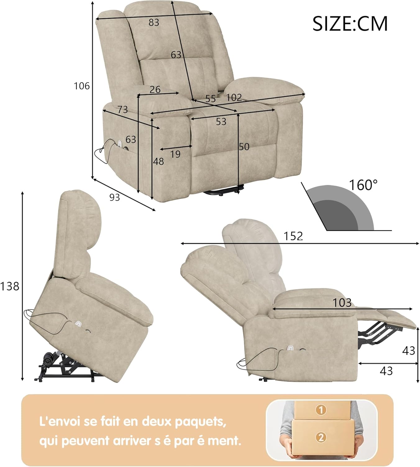 Fauteuil de Massage électrique, Fauteuil releveur électrique avec Fonction Massage et Chaleur, avec Poches latérales et Repose-Pieds Extensibles, canapé de Relaxation inclinable (Beige)