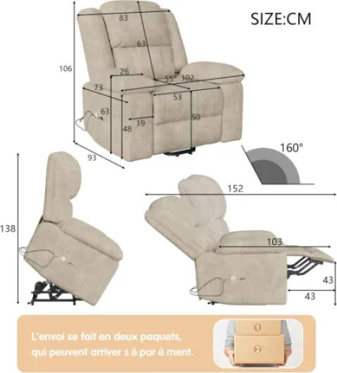 Fauteuil de Massage électrique, Fauteuil releveur électrique avec Fonction Massage et Chaleur, avec Poches latérales et Repose-Pieds Extensibles, canapé de Relaxation inclinable (Beige)
