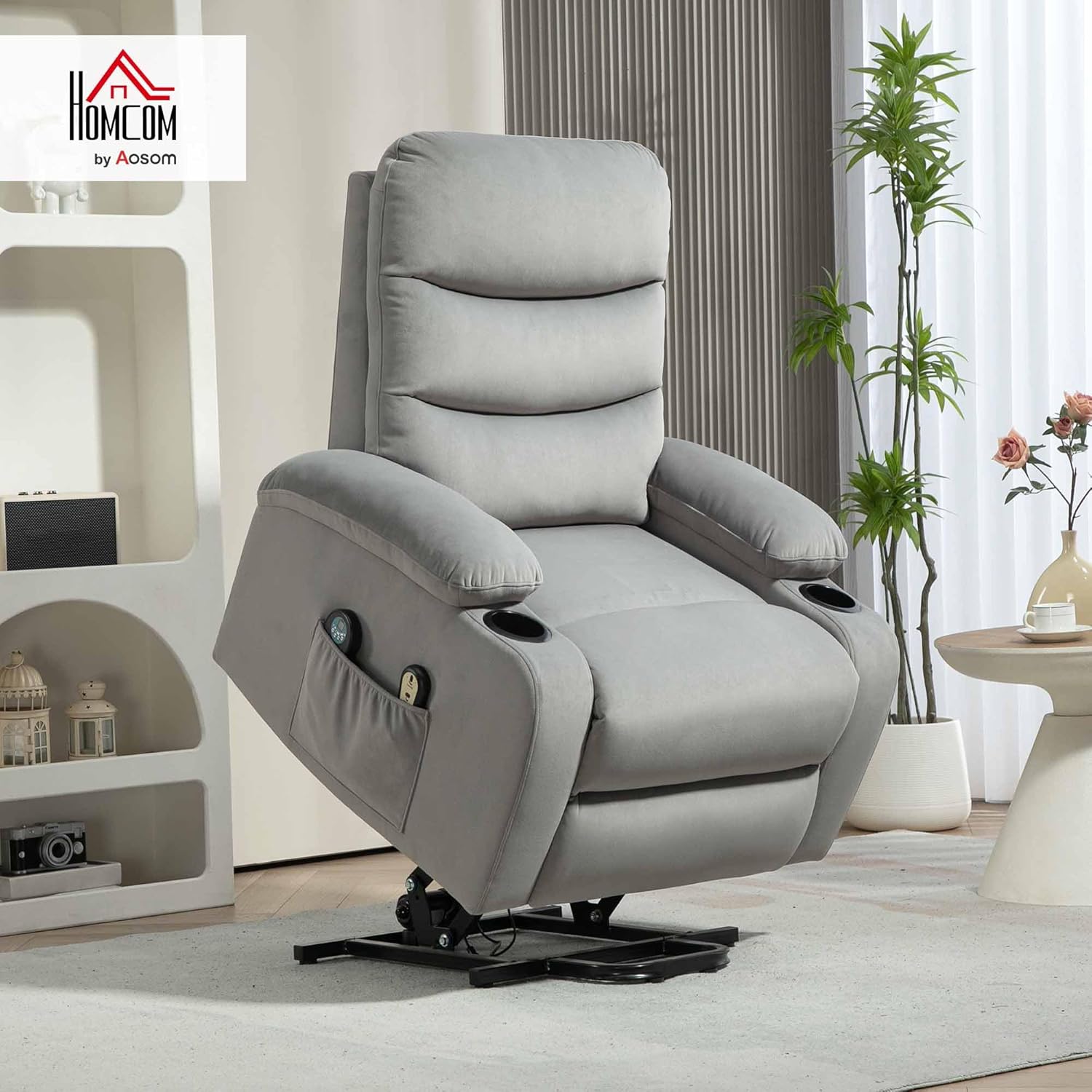Fauteuil releveur électrique fonction massage et chauffage, fauteuil relax électrique en velours fauteuil relaxant inclinable, repose-pied, télécommande, porte-gobelets, pochette latérale, gris