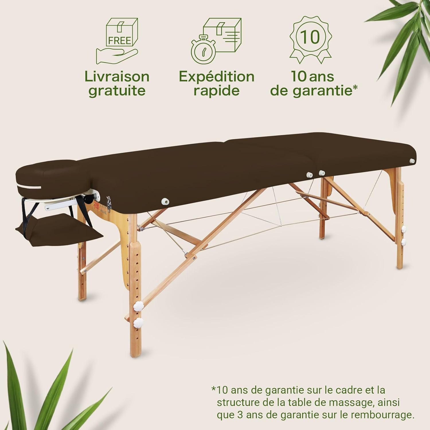 Zen - Table de Massage Pliante Professionnelle en Bois Massif - Mobile, Réglable, Coins Arrondis - Chocolat
