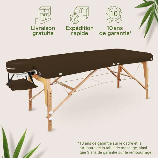 Zen - Table de Massage Pliante Professionnelle en Bois Massif - Mobile, Réglable, Coins Arrondis - Chocolat