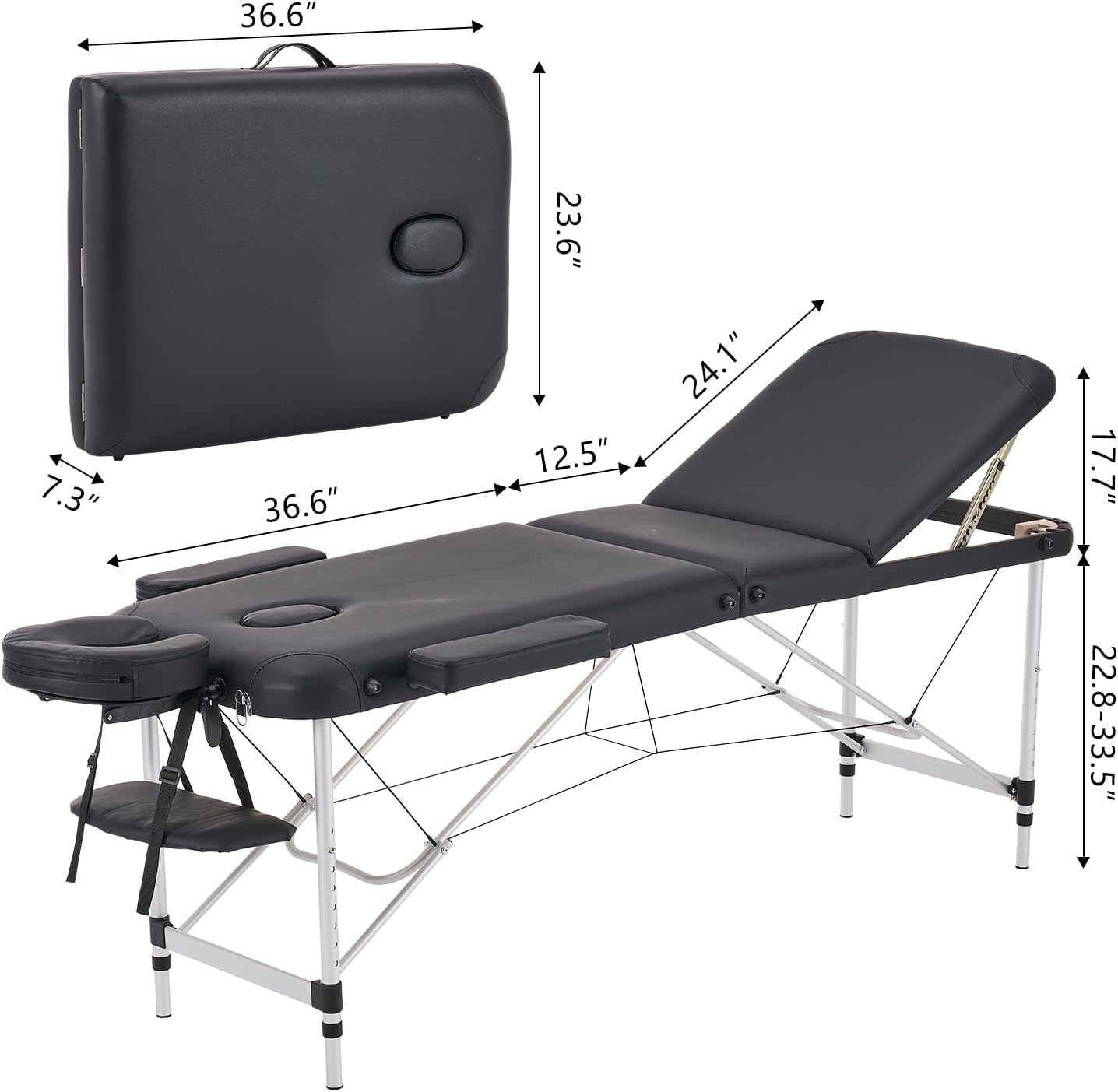 Table de Massage Pliante Professionnelle 3 Zones Aluminium Cosmetique Lit de Massage Table Esthetique Tatouage Portable avec Spa Salon de beauté Tatouage Maison entièrement Accessoires Noir