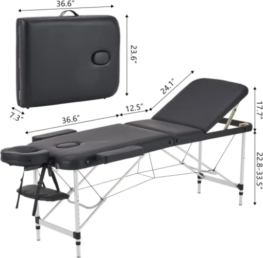 Table de Massage Pliante Professionnelle 3 Zones Aluminium Cosmetique Lit de Massage Table Esthetique Tatouage Portable avec Spa Salon de beauté Tatouage Maison entièrement Accessoires Noir