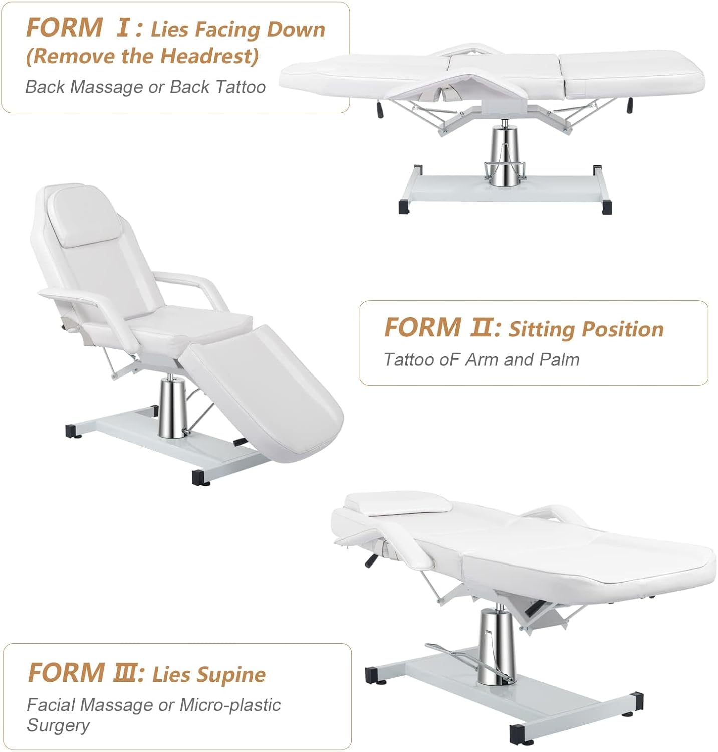 Bonnlo Table de Massage Facial hydraulique, Chaise de Tatouage Polyvalente à 3 Sections, lit d'esthéticienne, équipement de Salon de beauté réglable Spa, Noir Noir Pivotant Hydraulique