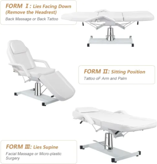 Bonnlo Table de Massage Facial hydraulique, Chaise de Tatouage Polyvalente à 3 Sections, lit d'esthéticienne, équipement de Salon de beauté réglable Spa, Noir Noir Pivotant Hydraulique