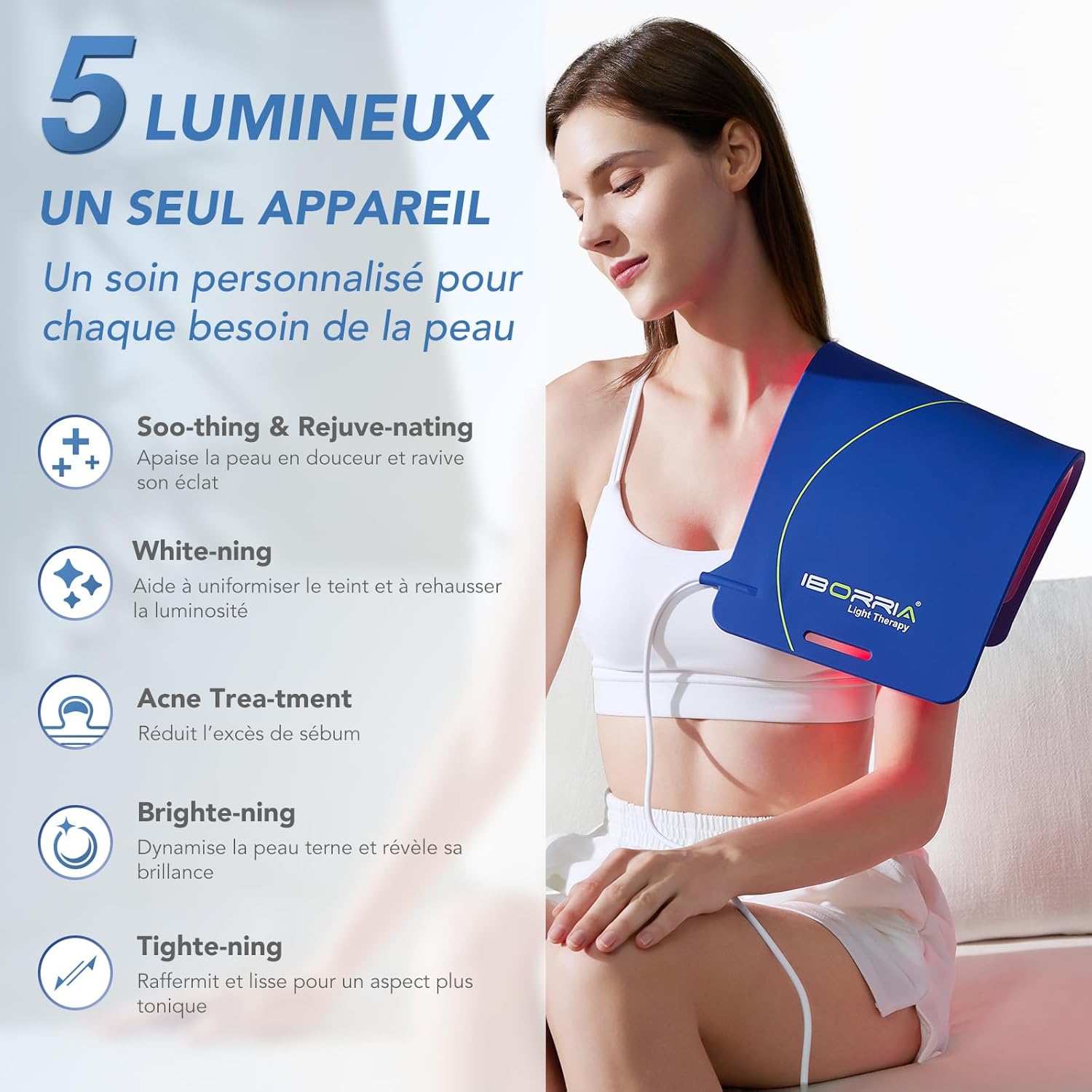 AuraCure Panneau luminothérapie LED visage & corps – 490 LED haute performance, 5 longueurs d'onde, 3 intensités, minuterie 15/20/30 min, 48W Bleu