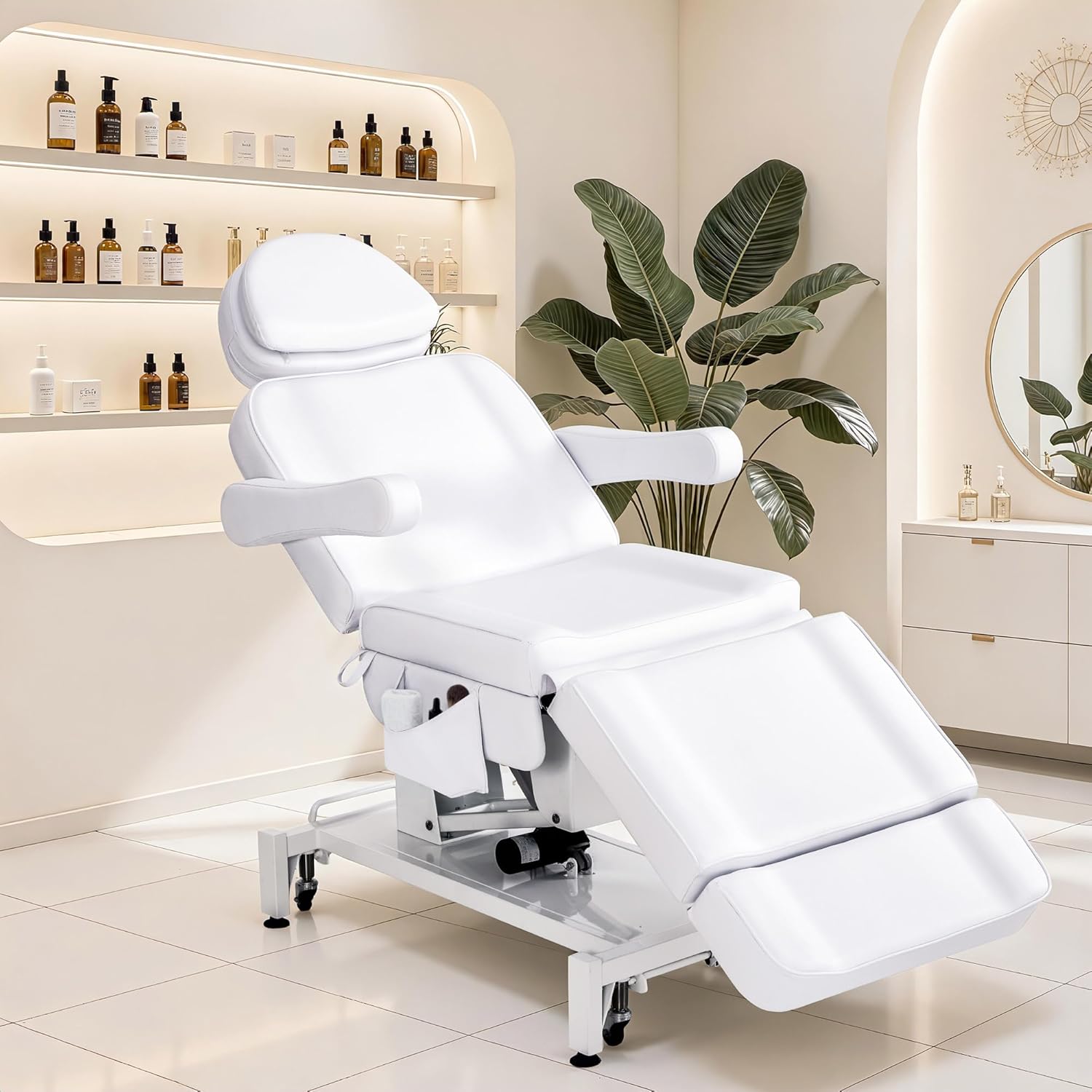 Fauteuil de beauté électrique à 3 Moteurs, lit de Massage Pliable et réglable en Hauteur 18 cm, accoudoirs pivotants à 180°, pour Salon de Spa 0754 (Blanc/Cuir synthétique)