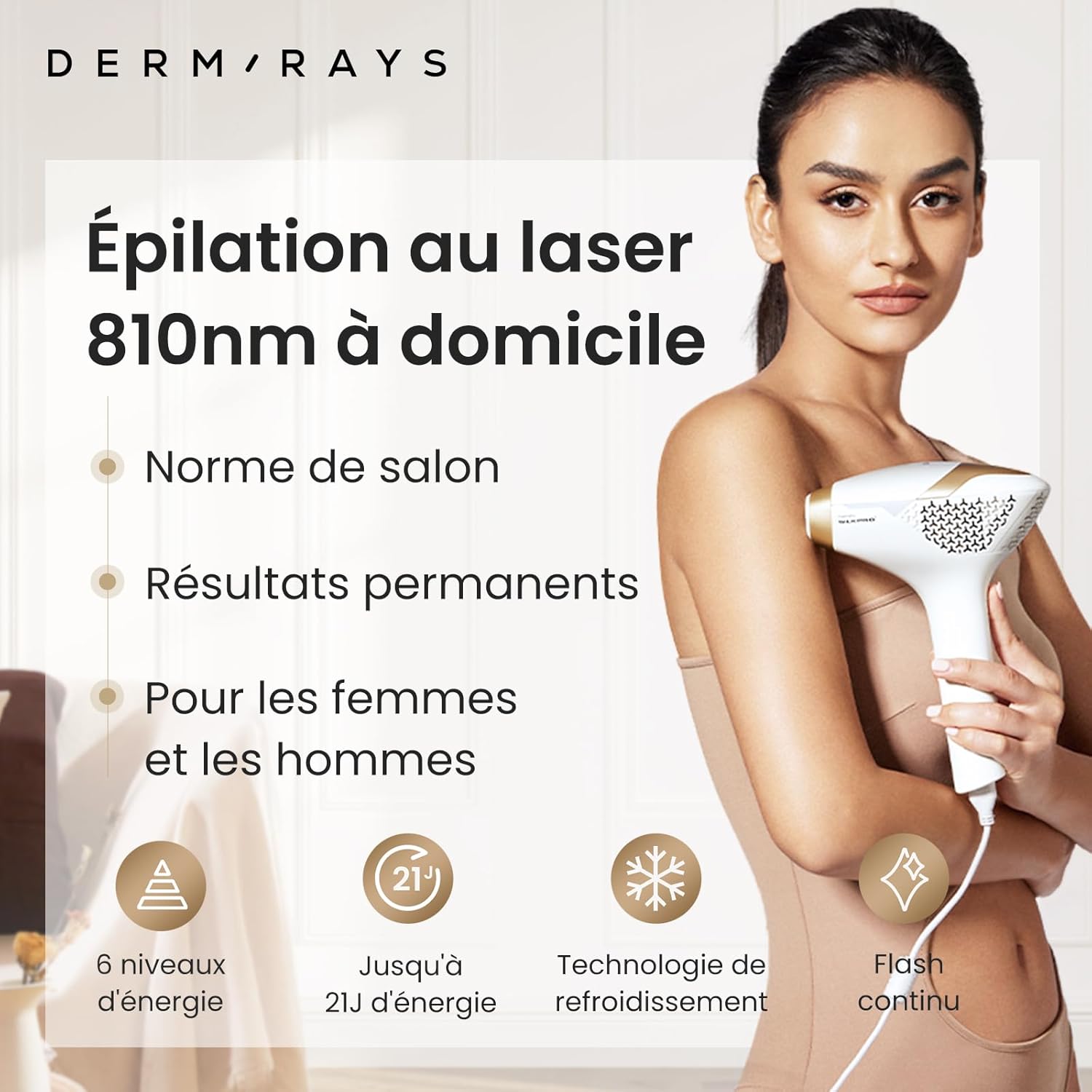 Épilation laser à diode 810 nm pour femmes et hommes, V4S pour teint 1-5, appareil à usage domestique approuvé par la FDA, système d'épilation ICE-Cooling, grand angle 21J Blanc