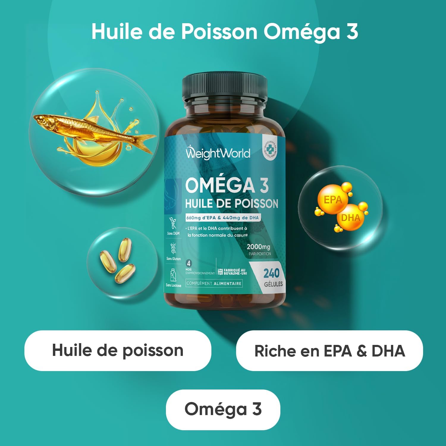 Oméga 3 Huile de Poisson Gélules 2000mg, 240 Gélules pour 4 Mois, avec EPA 660mg & DHA 440mg, Fish Oil Omega 3 sans Odeur, Selon l'EFSA, l'EPA et le DHA Contribuent au Fonctionnement Normal du Cœur