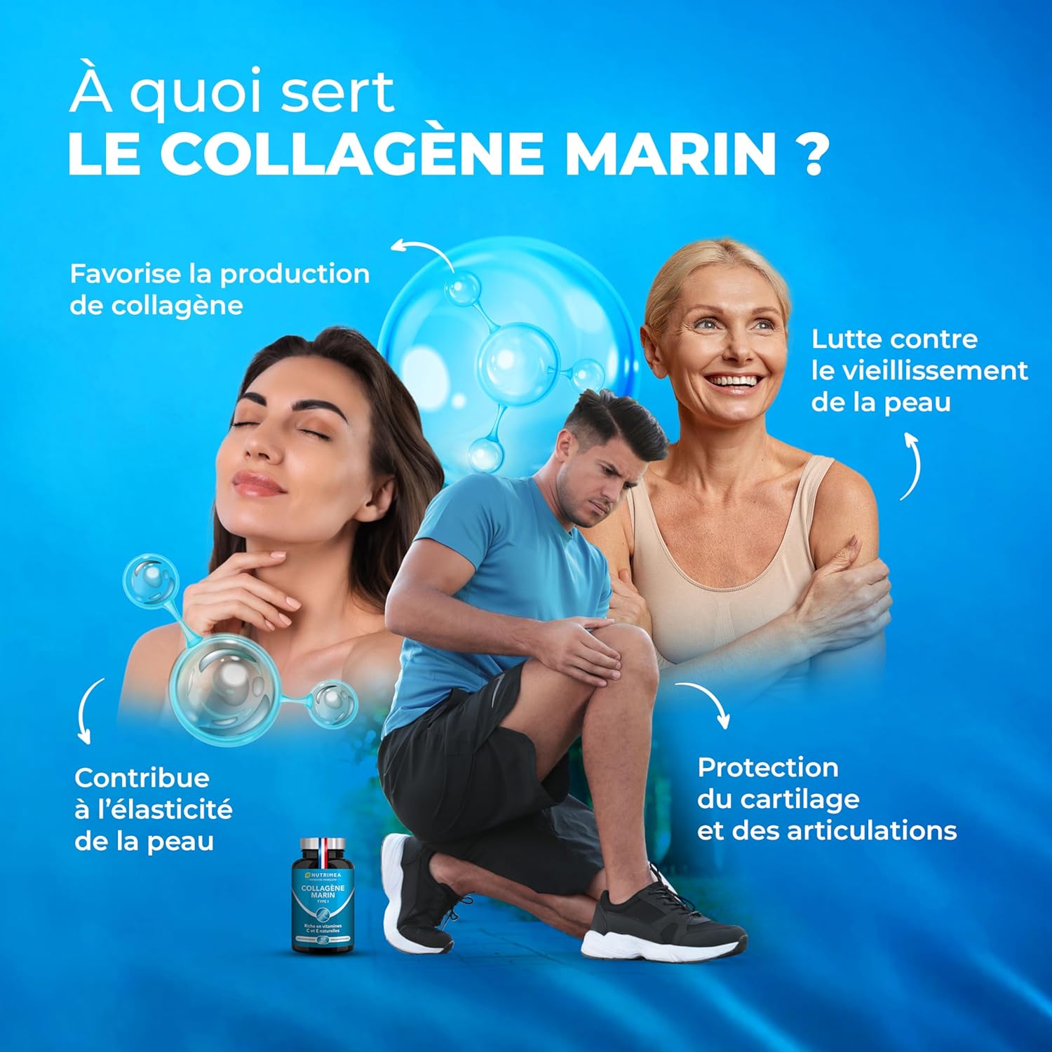 COLLAGENE MARIN - Type 1 BREVETÉ Pur et Naturel - Vitamines A, C & E Végétales - Nutrimea - Hydratation de la Peau - Protège Os et Articulations - 900 mg - 90 Gélules - Fabriqué en France Gélules 90 unité (Lot de 1)