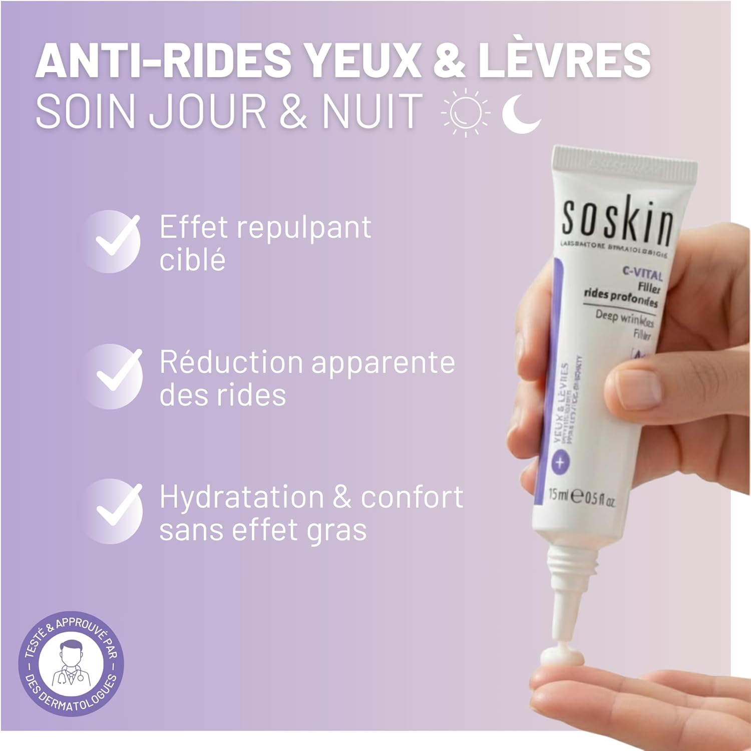 Soskin - Filler Rides Profondes - Soin Combleur Ciblé Anti-Rides Yeux & Lèvres - Efficace en 30 Minutes - Tous Types De Peaux - Fabriqué en France - 15 ml