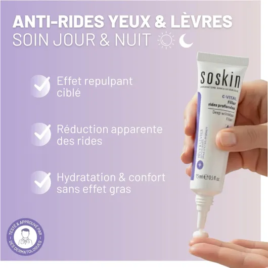 Soskin - Filler Rides Profondes - Soin Combleur Ciblé Anti-Rides Yeux & Lèvres - Efficace en 30 Minutes - Tous Types De Peaux - Fabriqué en France - 15 ml