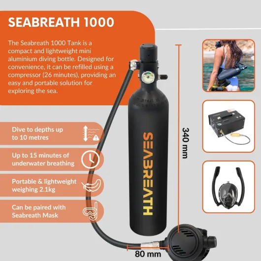 Mini Bouteille d’Oxygène Rechargeable et Portable, Idéale pour Le Snorkeling et la Plongée Légère – Compacte, Sécurisée et Facile à Utiliser Seabreath 1000