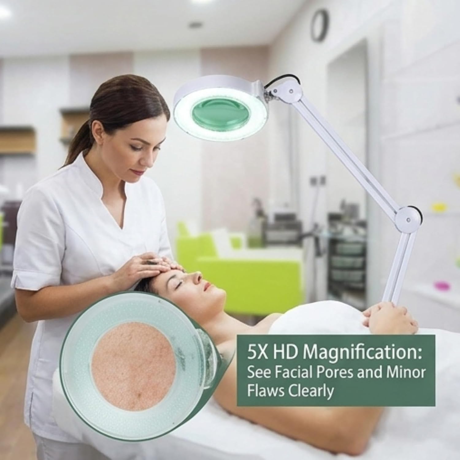 Lampe Loupe LED 5x avec Bras Réglable, Réglable en Hauteur et Angle, Lampe Esthétique sur Pied Professionnelle pour Manucure, Tatouage & Soins de Beauté Blanche