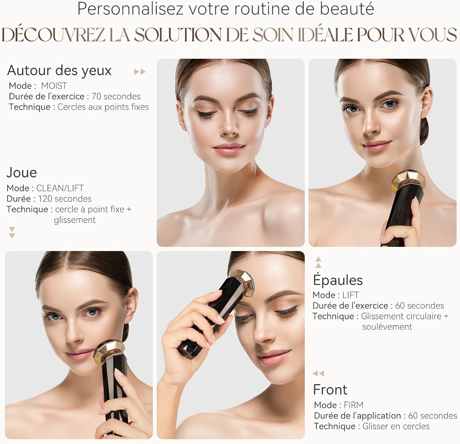 Appareil Visage Anti-Âge RF,5 Modes Nettoyage, Hydratation, Froid, Raffermissant, Lifting - Tête en Or 18K, Pour Peaux Sensibles, Visage, Cou, Jambes, avec Accessoires Noir, Doré