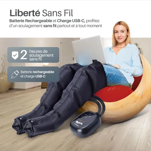 Bottes pressothérapie jambes avec batterie – 8 modes et 3 intensités – USB-C – Télécommande écran LCD – Avec accessoires pour bras et ceinture – Drainage lymphatique jambes – Sac inclus Avec Accessoires pour les Bras et la Taille