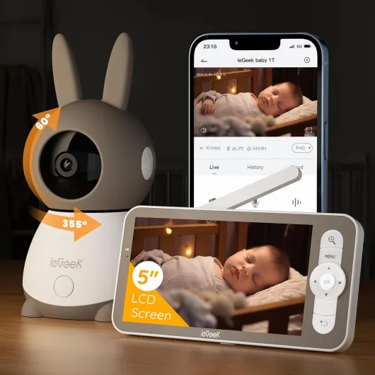 IeGeek Top 2K/5" Qualité Babyphone Caméra Bebe,PTZ 360° Baby Phone Vidéo connecté Smartphone, Visiophone avec Alertes Intelligentes/Vision Nocturne/Suivi Automatique Caméra et Écran Gris