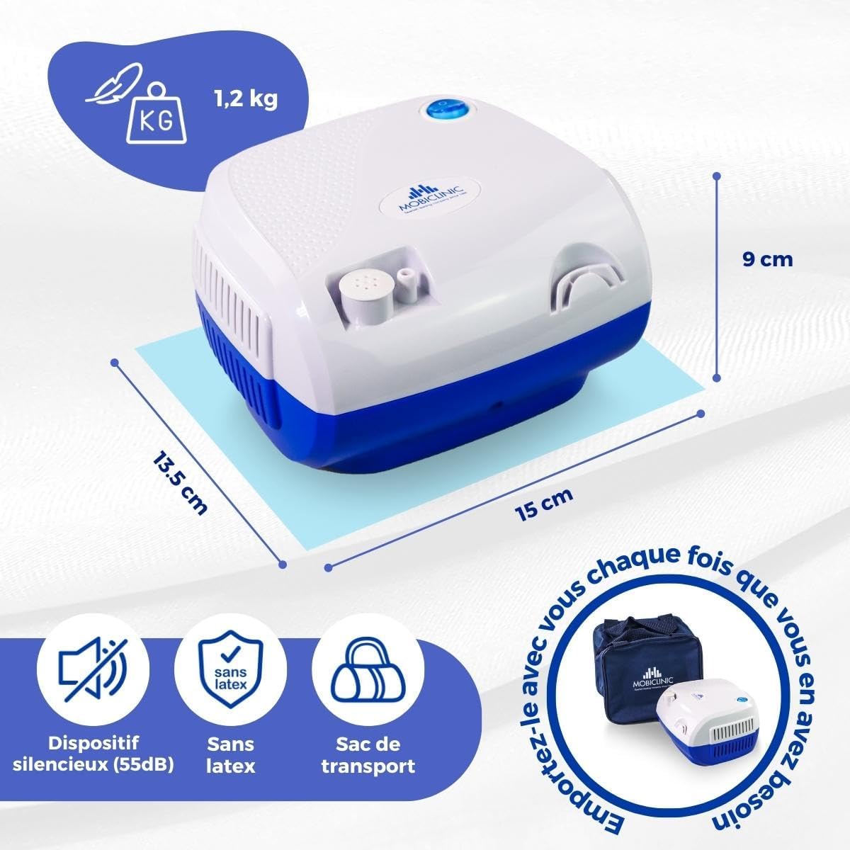 ®, Nébuliseur avec compresseur, Neb-1, Portable, Pour enfants et adultes, Sac de transport - mini, Traitement des maladies respiratoires, Masques différentes tailles, 5 filtres à air