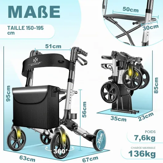 KESSER Déambulateur léger et pliant 4 roues , équipement complet pliable 3 positions pour coffre de voiture et voyageur Hauteur réglable, Rollator