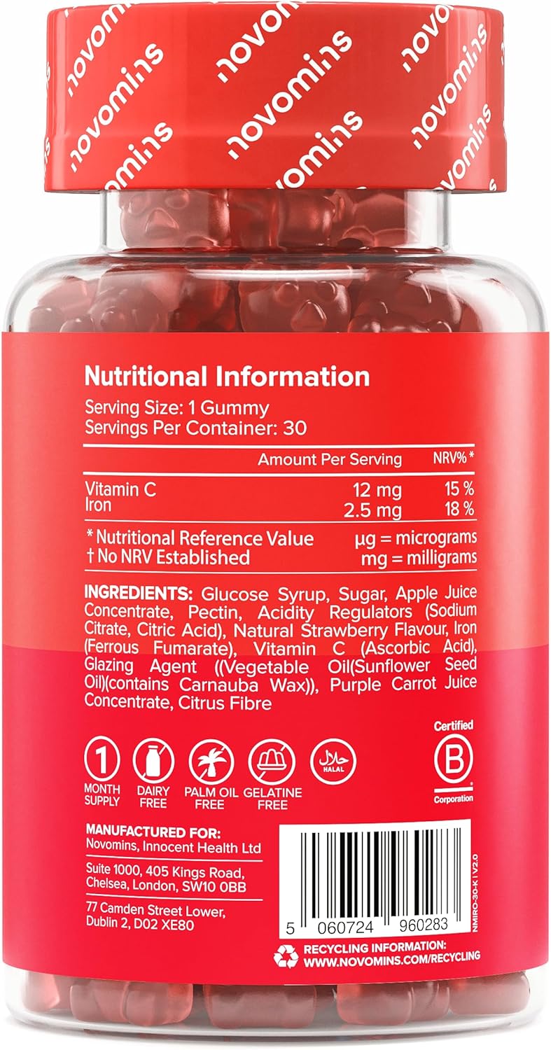Fer Enfant Gummies – 2,5 mg de Fer + Vitamine C 12 mg – Immunité, Énergie & Fatigue – Végan, Sans Gluten, Sans Gélatine – Goût Fraise – 30 Gummies – Novomins