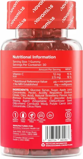 Fer Enfant Gummies – 2,5 mg de Fer + Vitamine C 12 mg – Immunité, Énergie & Fatigue – Végan, Sans Gluten, Sans Gélatine – Goût Fraise – 30 Gummies – Novomins