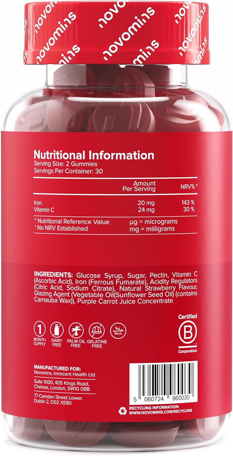 Fer Gummies – 20 mg de Fer + 24 mg de Vitamine C – Haute Dose – Fatigue, Immunité & Énergie – Végan, Sans Gluten – Goût Fraise – 60 Gummies – Novomins