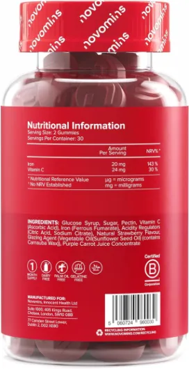 Fer Gummies – 20 mg de Fer + 24 mg de Vitamine C – Haute Dose – Fatigue, Immunité & Énergie – Végan, Sans Gluten – Goût Fraise – 60 Gummies – Novomins