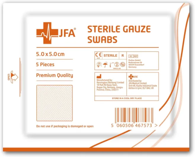 JFA Medical Lot de 100 tampons de gaze stériles de haute qualité 5 cm x 5 cm 5 Unité (Lot de 20)